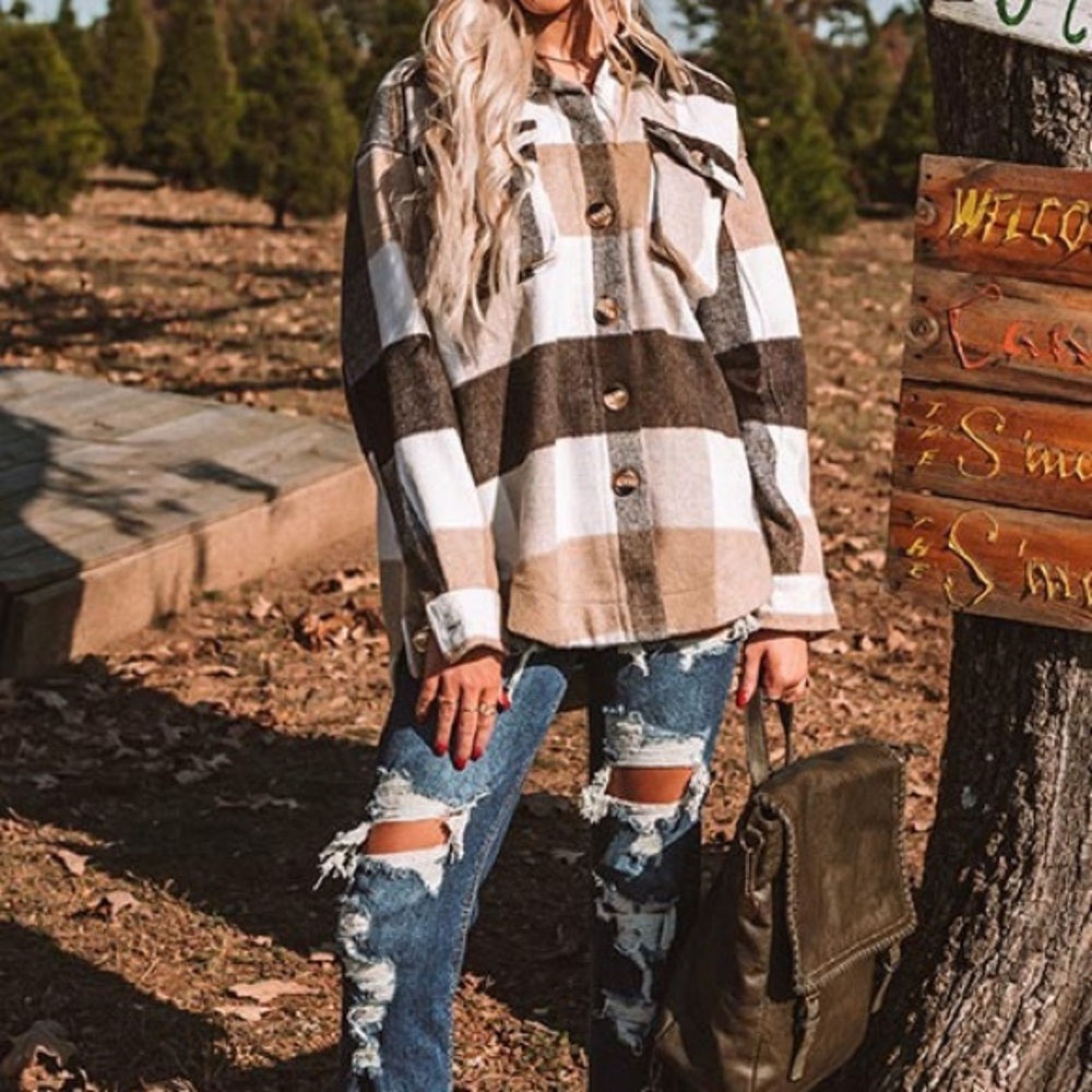 Jodifl Western Style Brushed Plaid  Shirt Jacket  Shacket NEW!